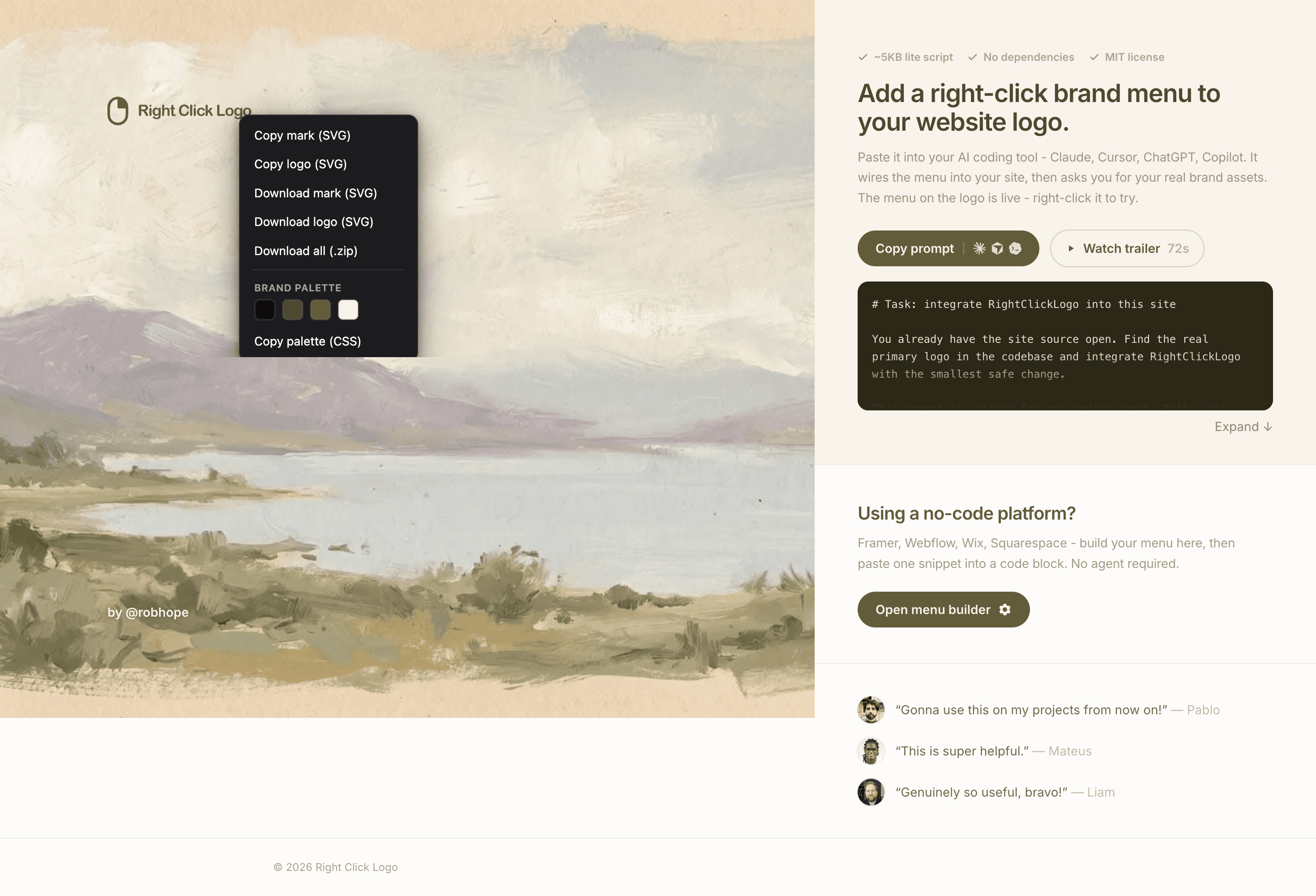 Add a right-click brand menu to your website logo. — IT/스타트업 플랫폼/서비스 웹사이트 디자인 레퍼런스 스크린샷 1