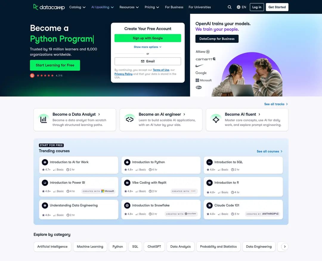 DataCamp — 교육 소개 웹사이트 디자인 레퍼런스