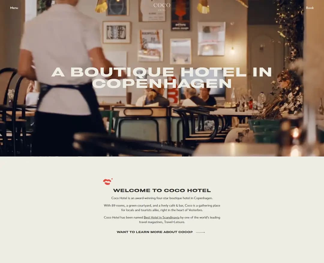 Coco Hotel - Award-winning boutique hotel in the heart of Copenhagen — 여행/호텔 랜딩페이지 웹사이트 디자인 레퍼런스