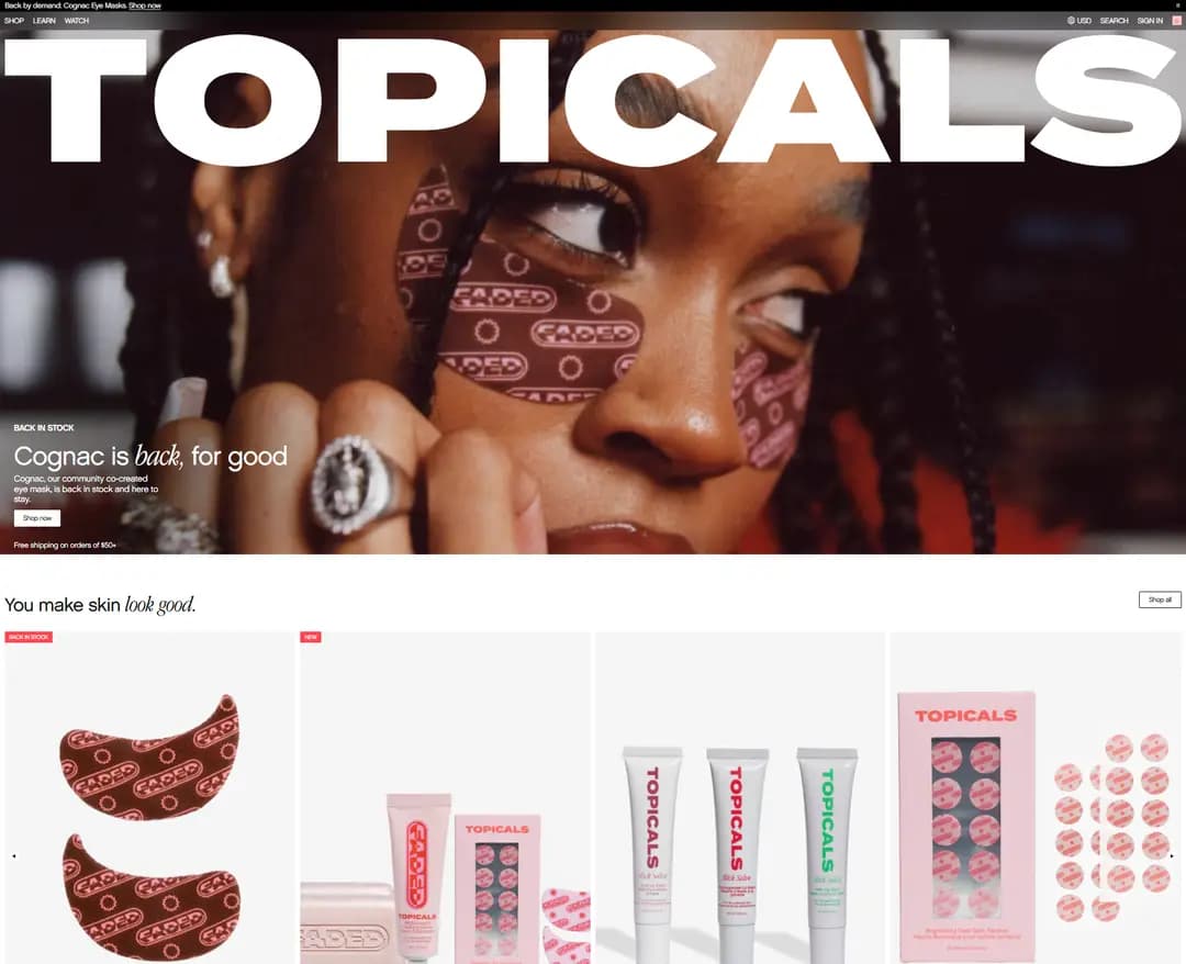 Topicals — 화장품 쇼핑몰 웹사이트 디자인 레퍼런스