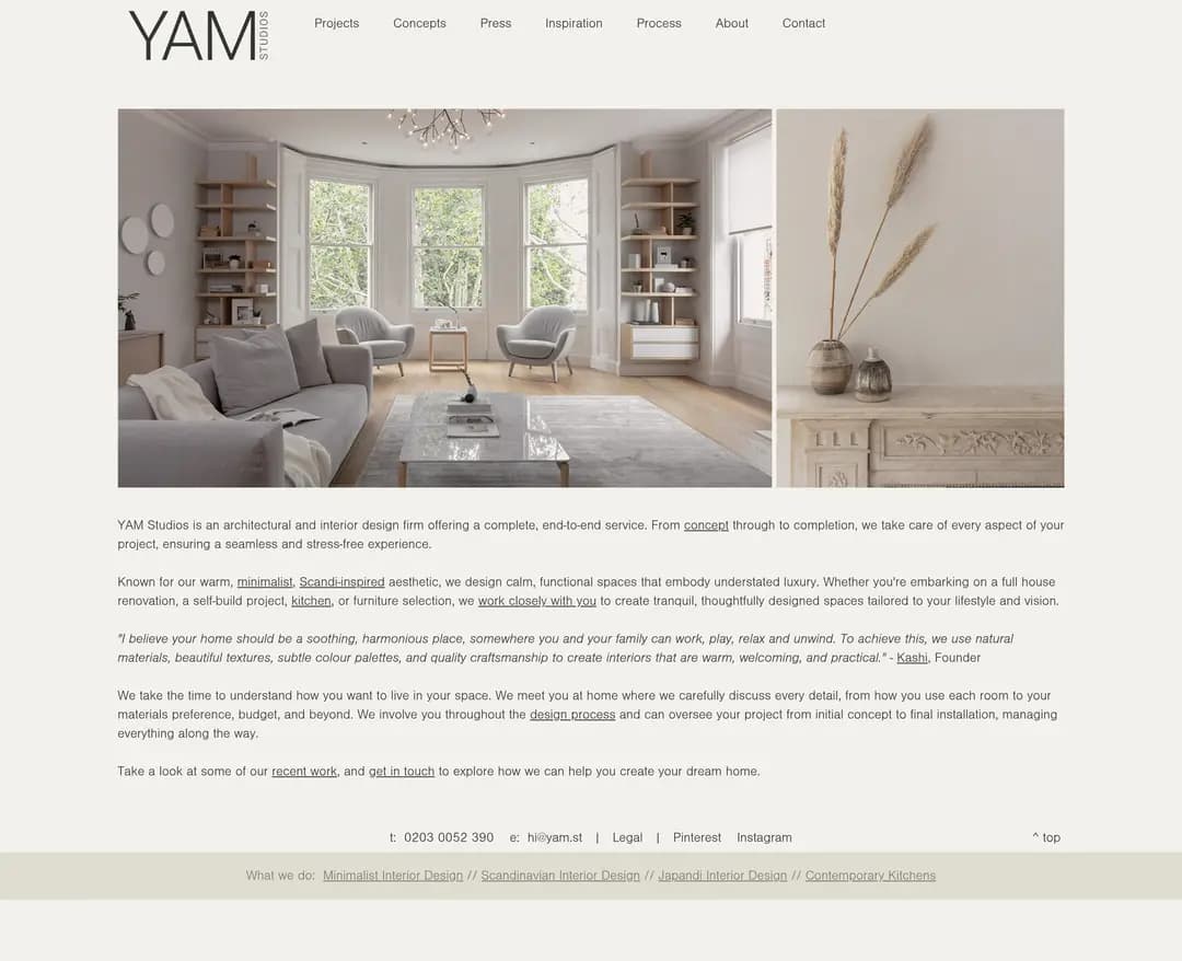 YAM Studios — 인테리어/가구 포트폴리오 웹사이트 디자인 레퍼런스