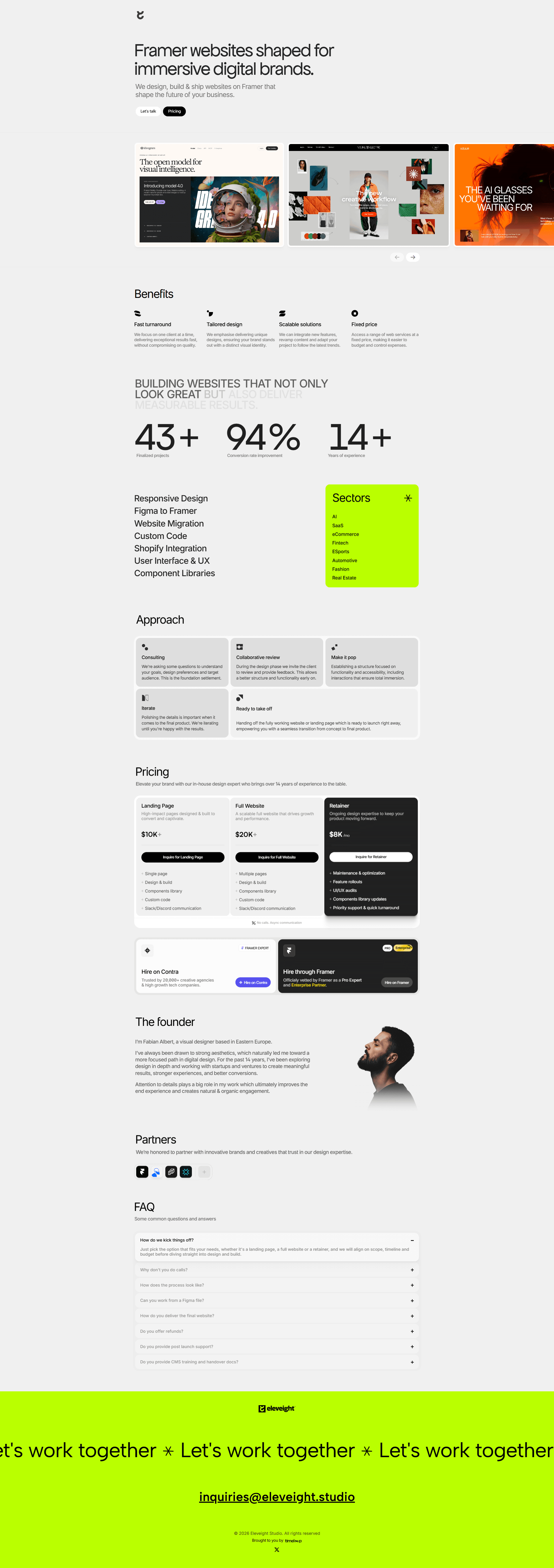 Eleveight Studio - Building Framer websites for immersive digital experiences. — IT/스타트업 포트폴리오 웹사이트 디자인 레퍼런스 스크린샷 1