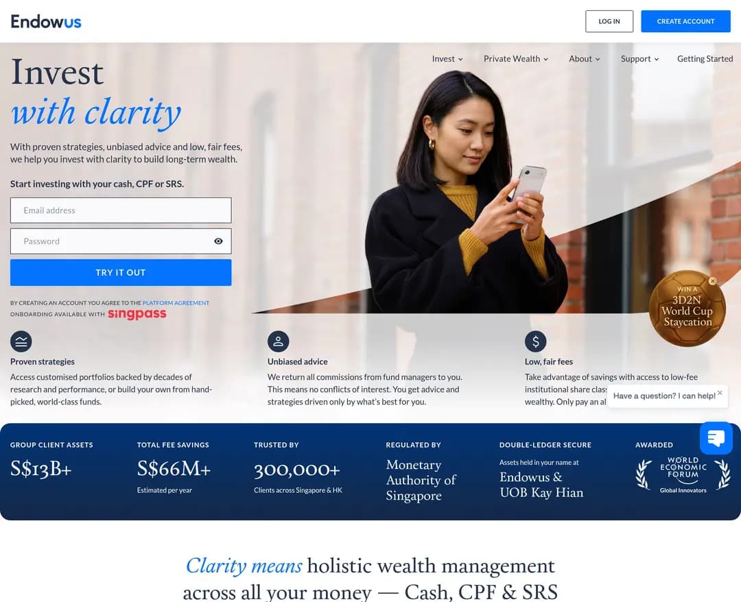 Grow all your Wealth with the Conflict-free Future of Wealth Management | Endowus SG — 금융/부동산 플랫폼/서비스 웹사이트 디자인 레퍼런스