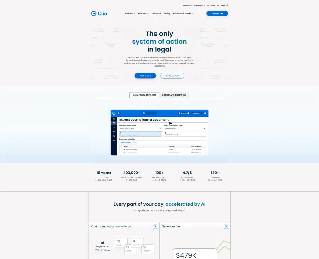 Clio — 법률/세무 플랫폼 웹사이트 디자인 레퍼런스