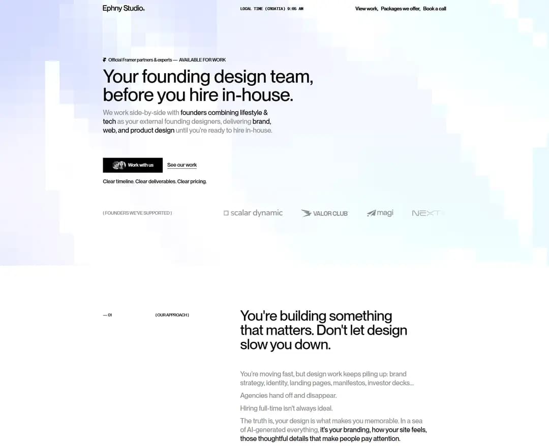 Ephny Studio® — Your founding design team, before you hire in-house. — IT/스타트업 포트폴리오 웹사이트 디자인 레퍼런스