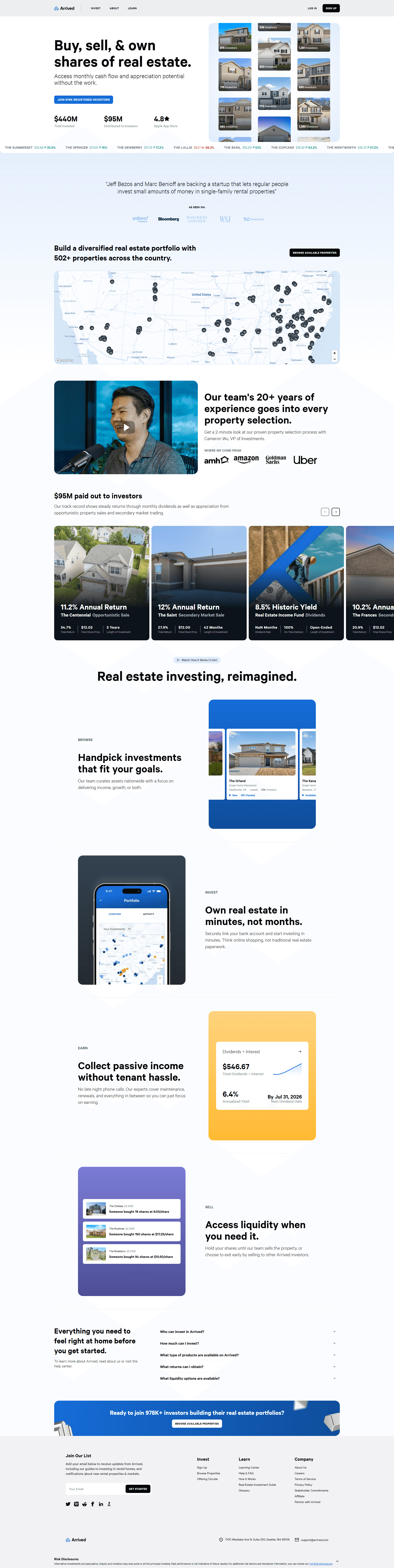 Arrived | Easily Invest in Real Estate — 금융/부동산 플랫폼/서비스 웹사이트 디자인 레퍼런스 스크린샷 1