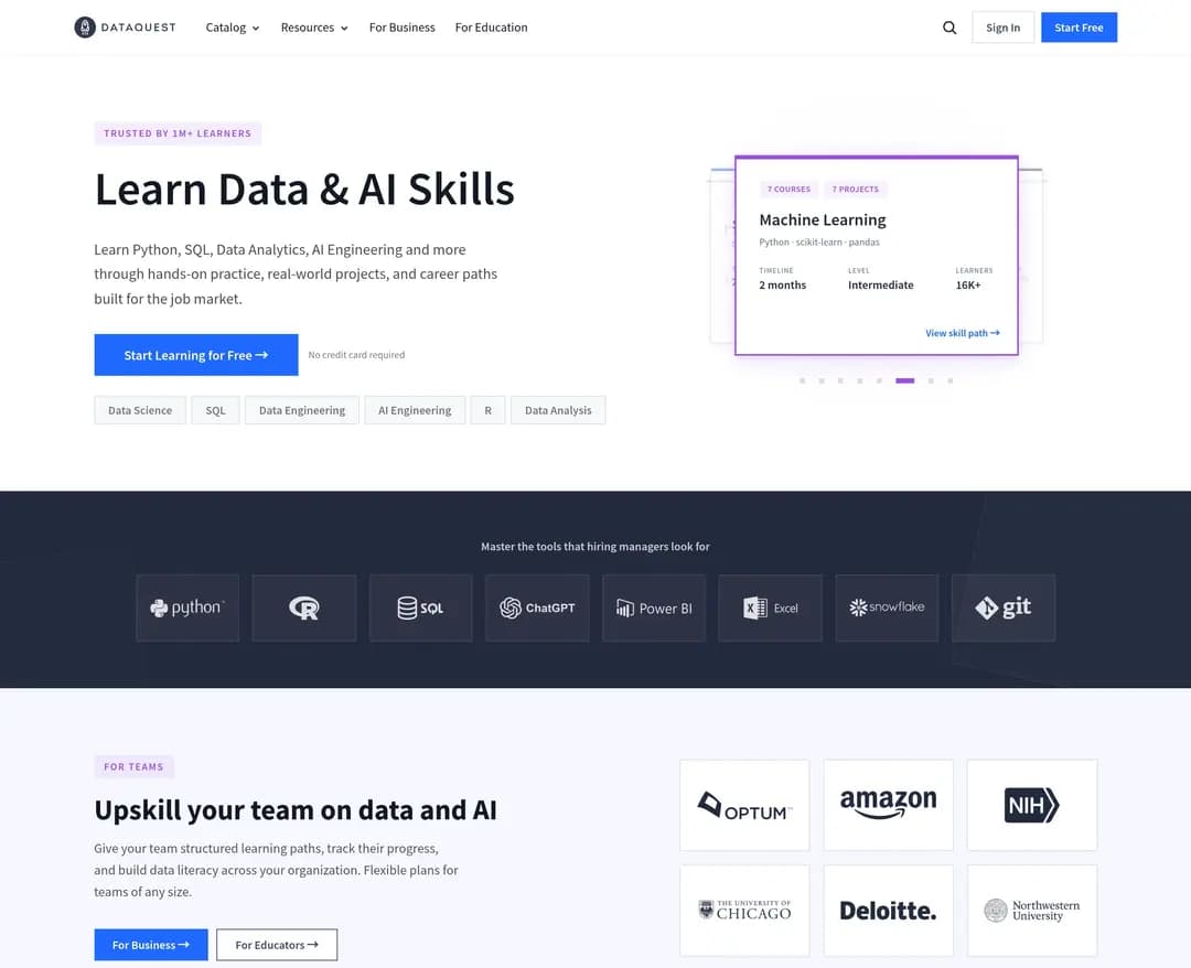 Dataquest — 교육 플랫폼 웹사이트 디자인 레퍼런스