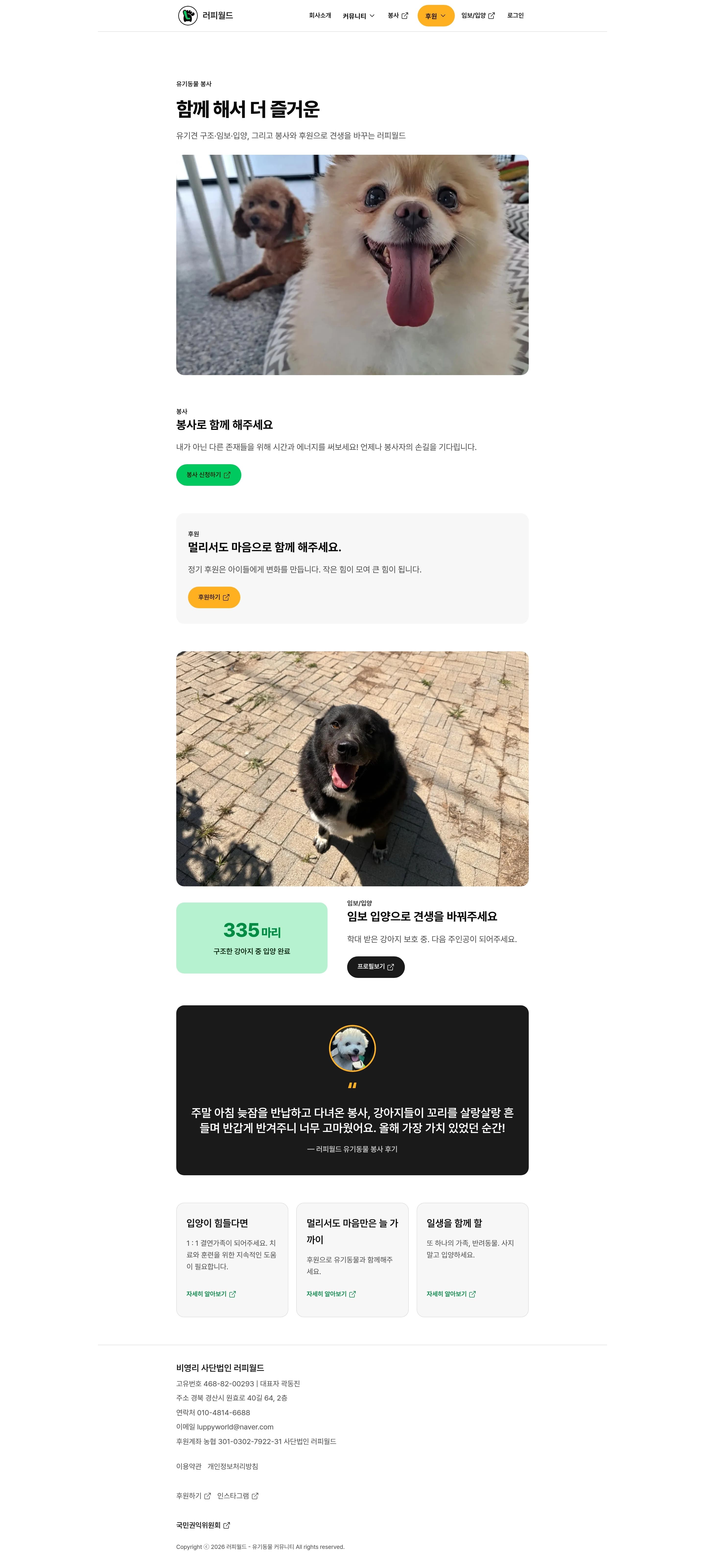 러피월드 — 반려동물 소개 웹사이트 디자인 레퍼런스