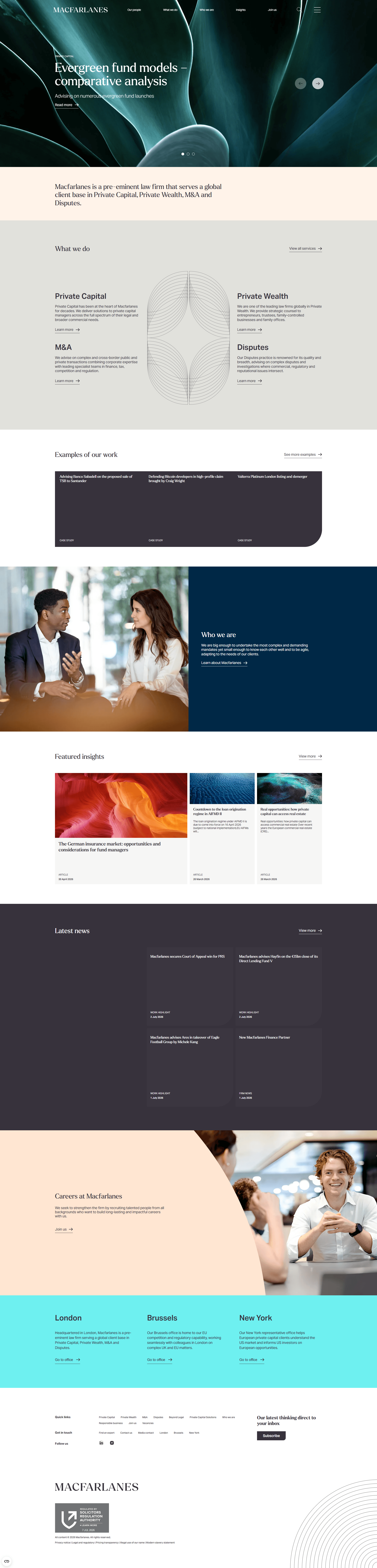 Macfarlanes | Pre-eminent law firm serving clients globally — 법률/법무 브랜드/기업 웹사이트 디자인 레퍼런스 스크린샷 1