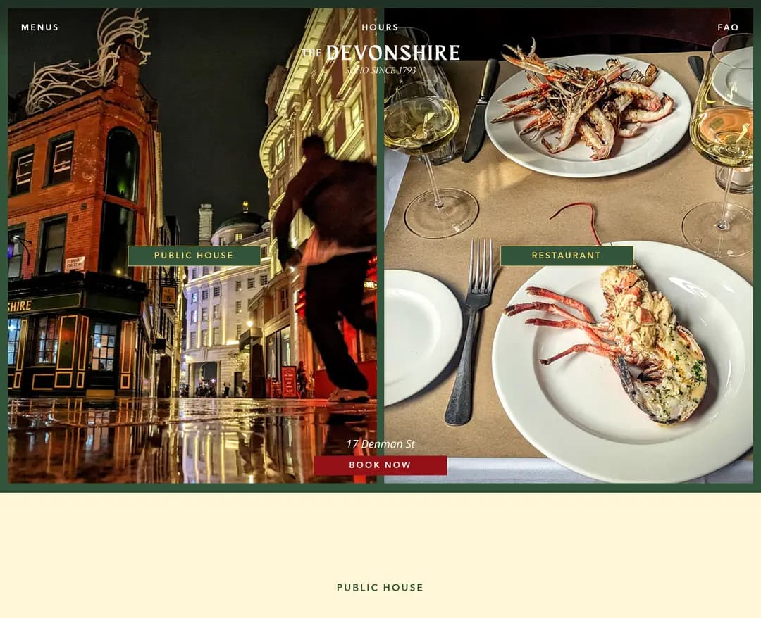 The Devonshire — 카페/음식 랜딩페이지 웹사이트 디자인 레퍼런스