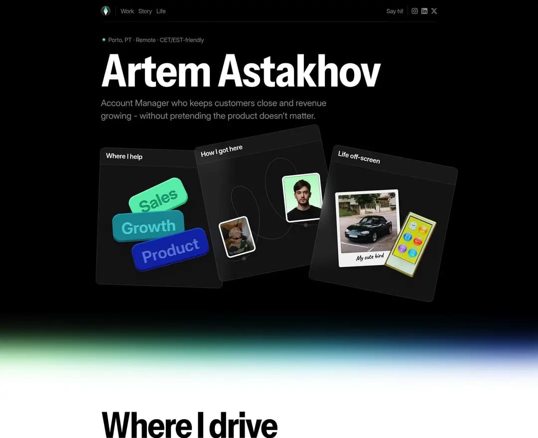 Artem Astakhov — IT/스타트업 포트폴리오 웹사이트 디자인 레퍼런스