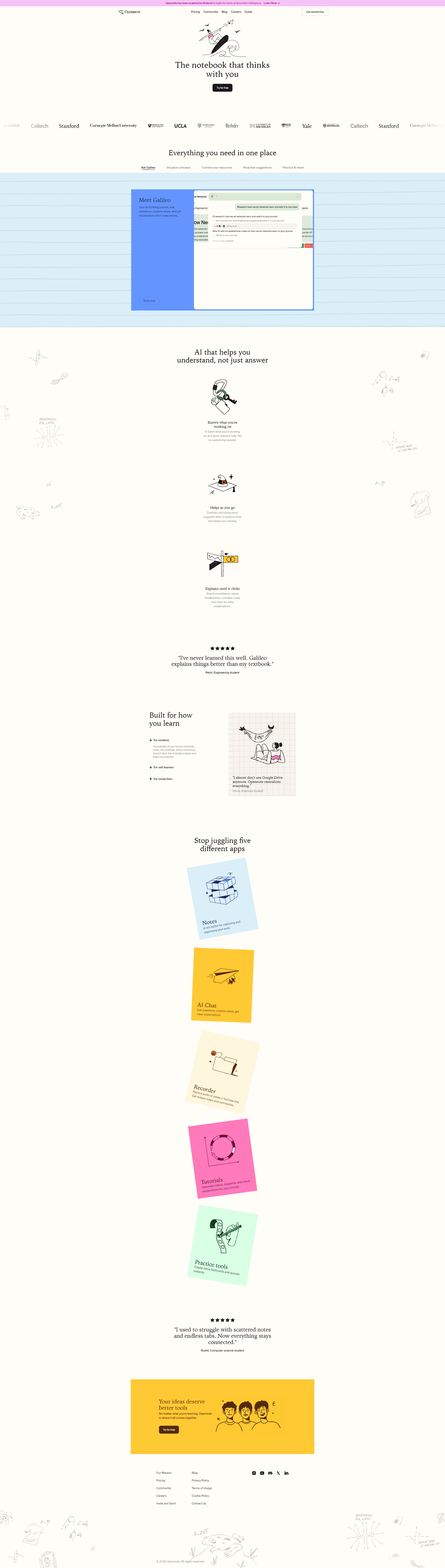 Opennote — 교육 플랫폼 웹사이트 디자인 레퍼런스 스크린샷 1