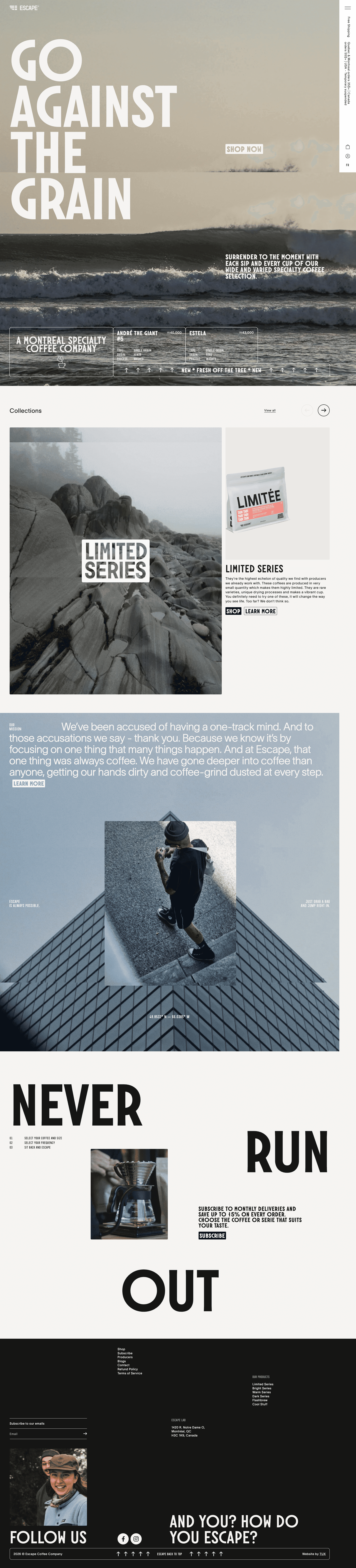 Escape Coffee Company — 카페/음식 쇼핑몰 웹사이트 디자인 레퍼런스 스크린샷 1