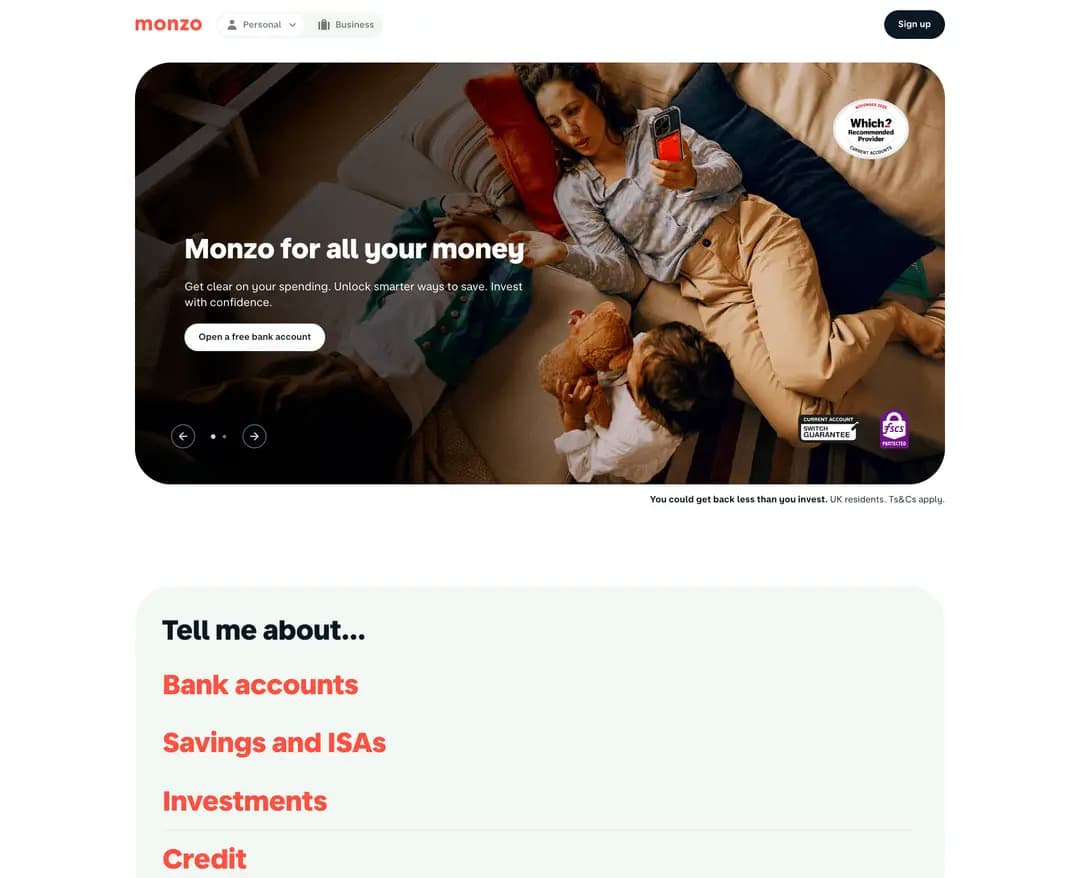 Monzo — 금융/부동산 플랫폼 웹사이트 디자인 레퍼런스
