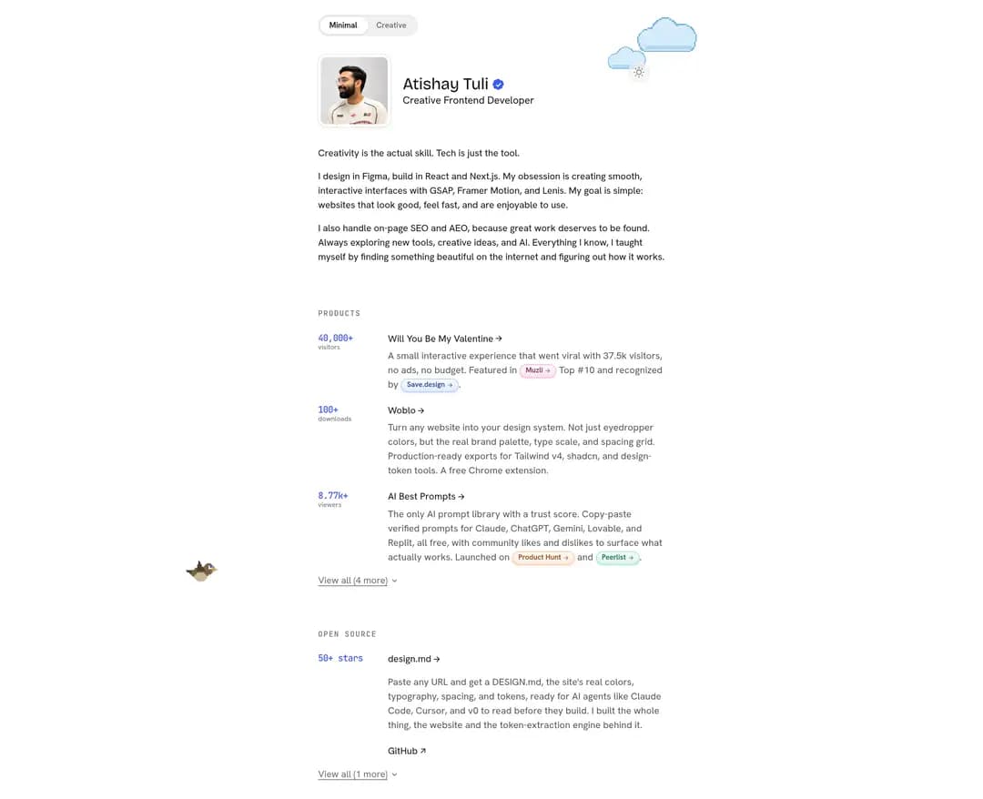 Atishay Tuli · Creative Frontend Developer — IT/스타트업 포트폴리오 웹사이트 디자인 레퍼런스