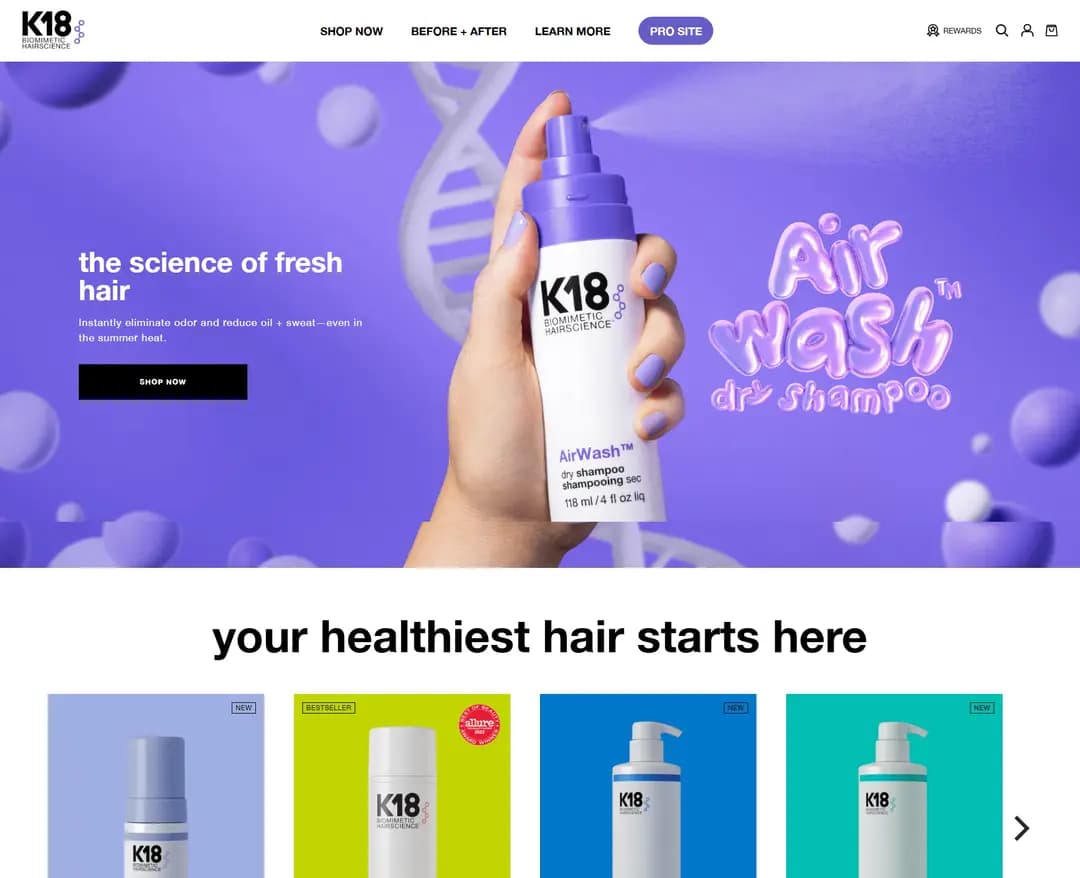 K18Hair — 화장품 쇼핑몰 웹사이트 디자인 레퍼런스