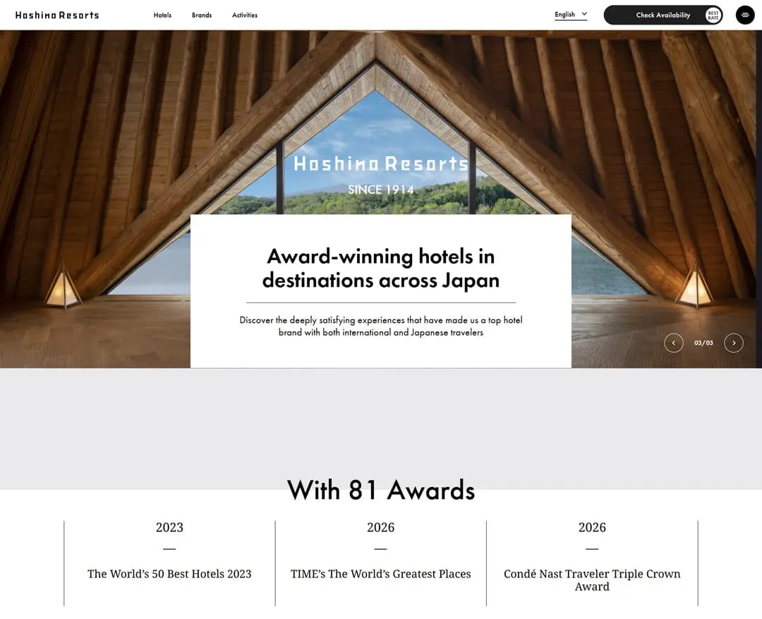 Hoshino Resorts — 여행/호텔 소개 웹사이트 디자인 레퍼런스