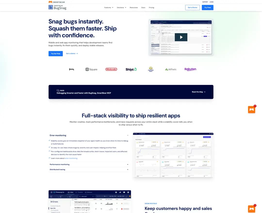 BugSnag — IT/스타트업 플랫폼 웹사이트 디자인 레퍼런스