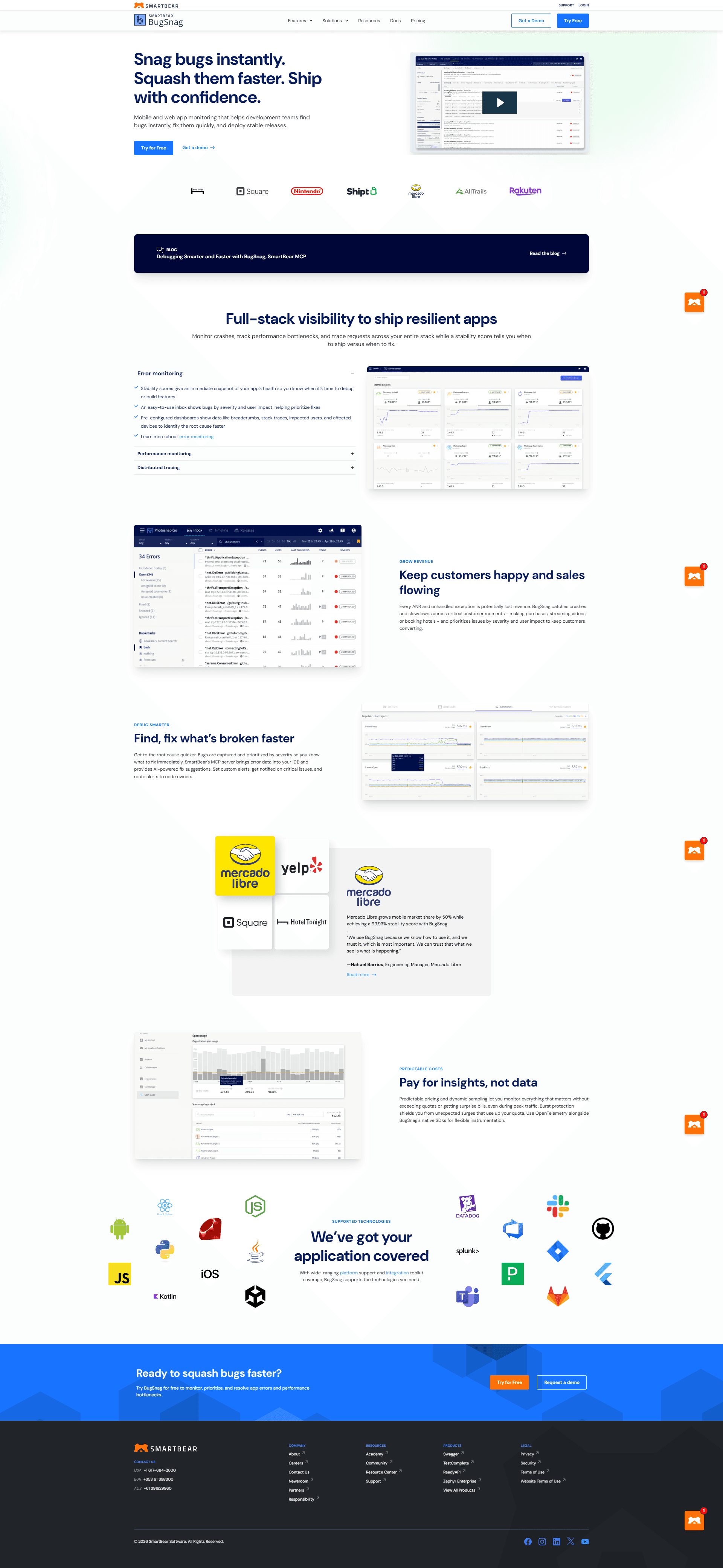 bugsnag.com — IT/스타트업 플랫폼/서비스 웹사이트 디자인 레퍼런스 스크린샷 1