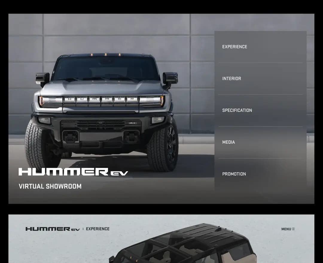 GMC Hummer EV 버추얼 쇼룸 — 라이프스타일 랜딩페이지 웹사이트 디자인 레퍼런스