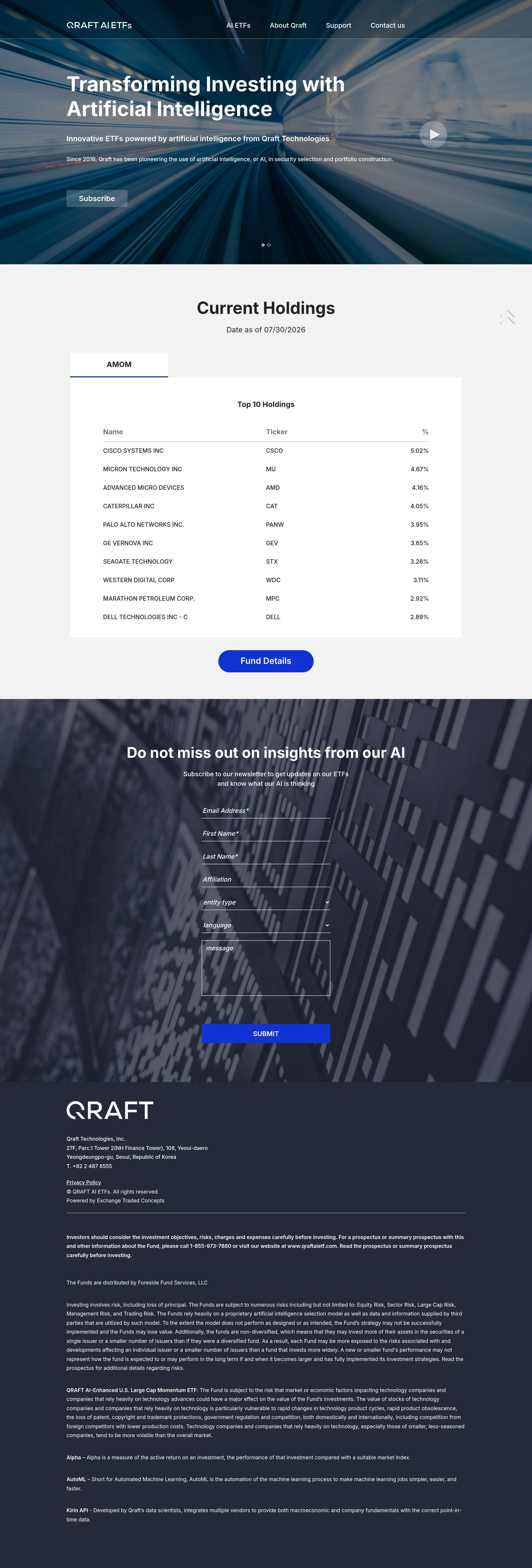 Qraft AI ETFs — 금융/부동산 플랫폼 웹사이트 디자인 레퍼런스