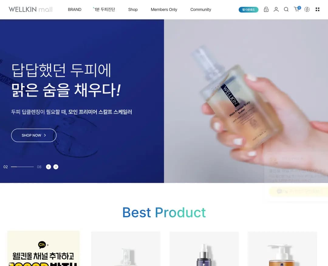 나만의 두피홈센터, 웰킨MALL — 병원/의료 쇼핑몰 웹사이트 디자인 레퍼런스