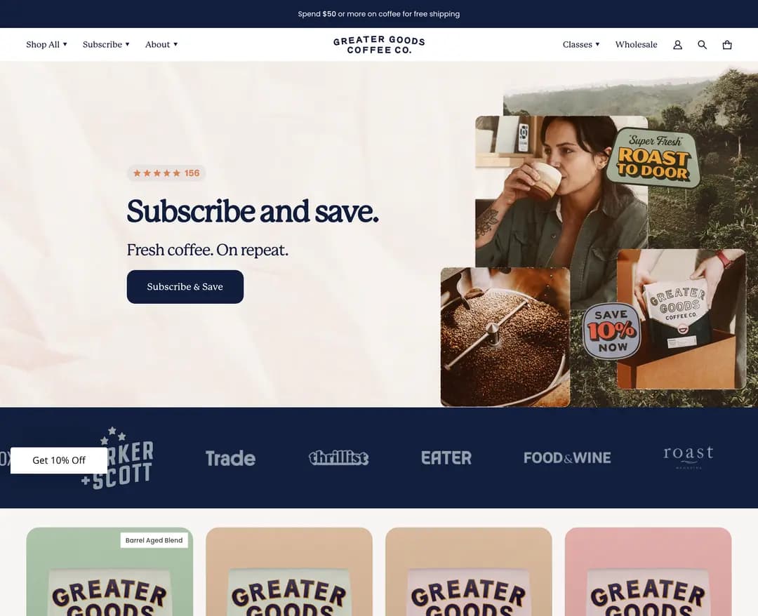 Greater Goods Roasting — 카페/음식 쇼핑몰 웹사이트 디자인 레퍼런스