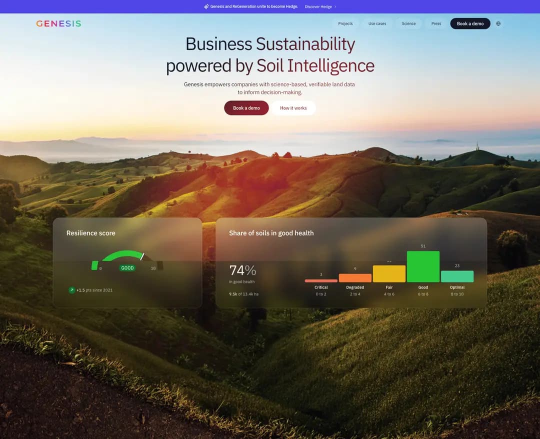 Genesis Soil Intelligence — IT/스타트업 플랫폼 웹사이트 디자인 레퍼런스