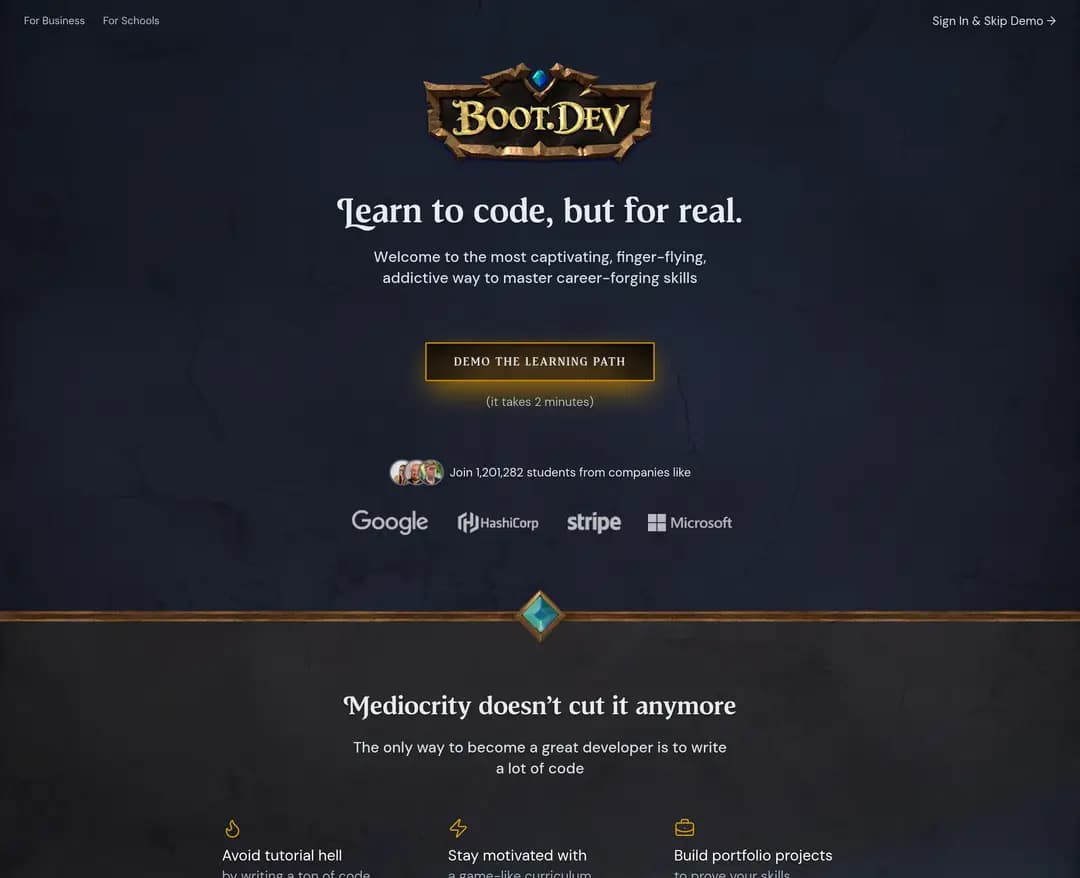Boot.dev — 교육 플랫폼/서비스 웹사이트 디자인 레퍼런스