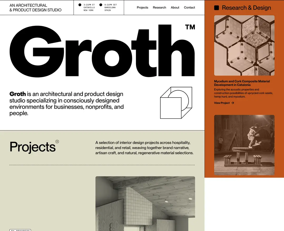 Groth Studio — 인테리어/가구 포트폴리오 웹사이트 디자인 레퍼런스