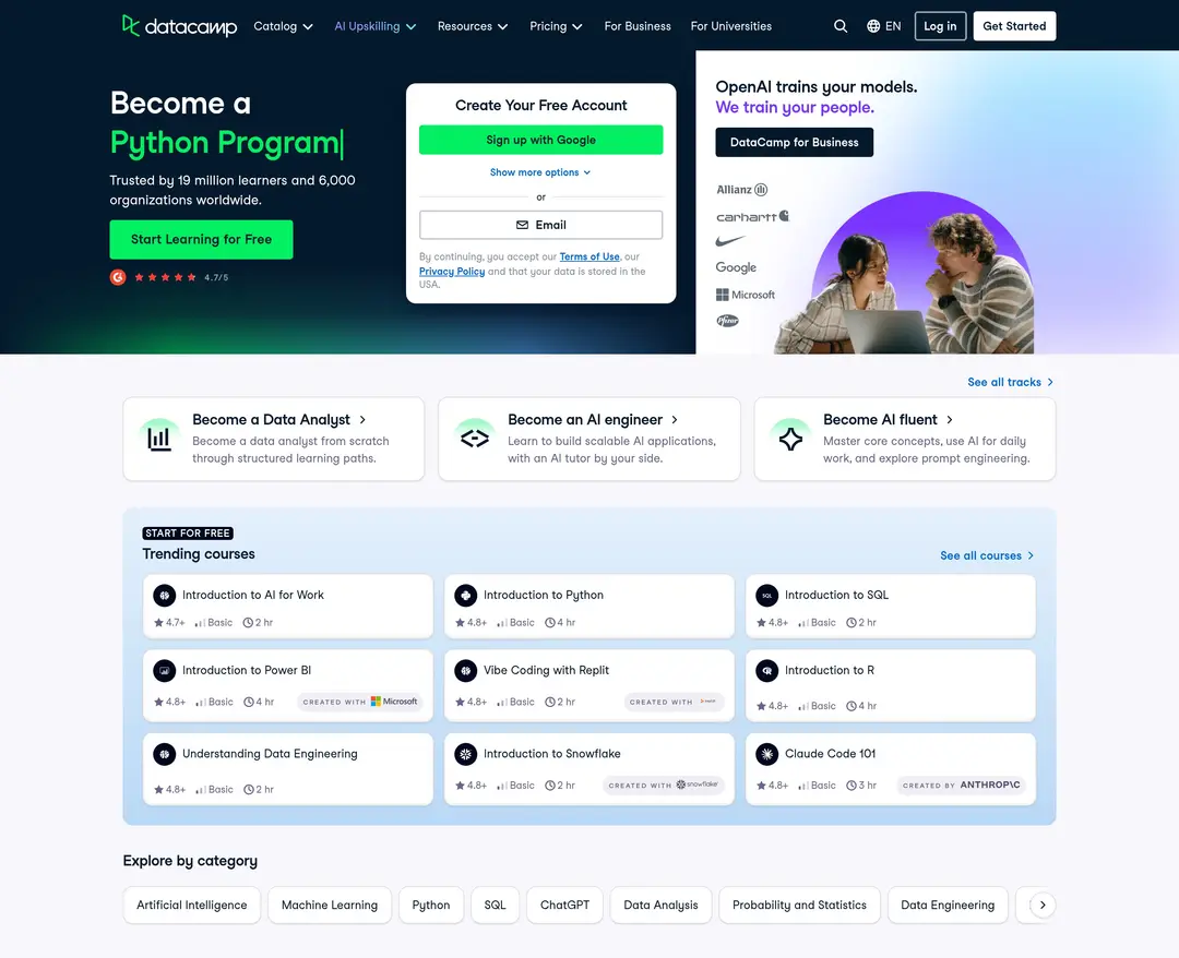 DataCamp — 교육 소개 웹사이트 디자인 레퍼런스