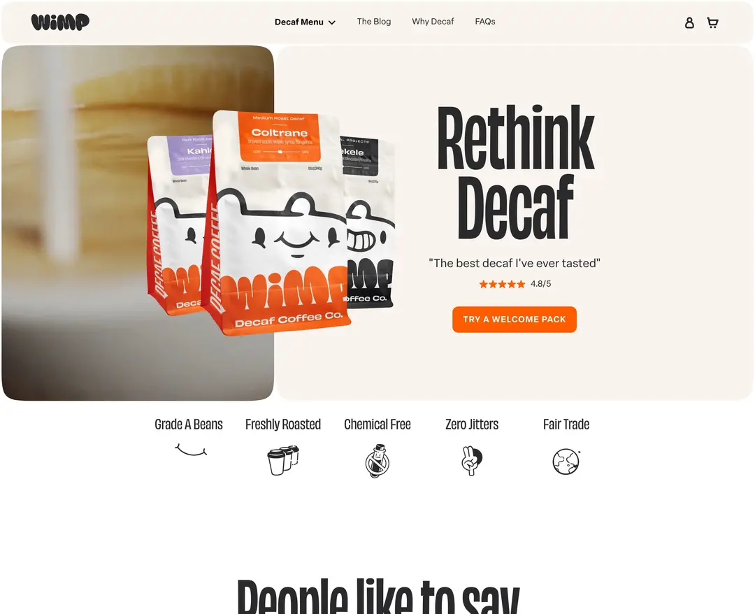 Wimp Decaf Coffee Co — 카페/음식 쇼핑몰 웹사이트 디자인 레퍼런스