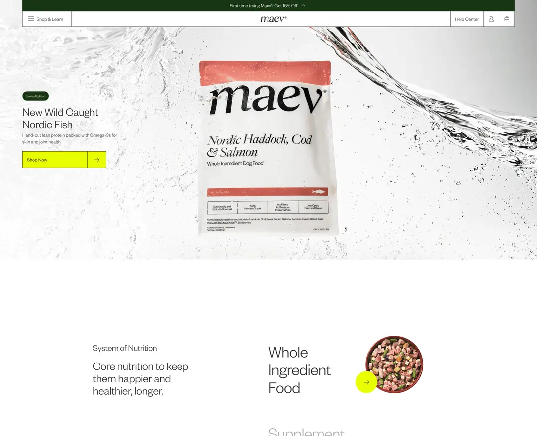 Maev — 반려동물 쇼핑몰 웹사이트 디자인 레퍼런스