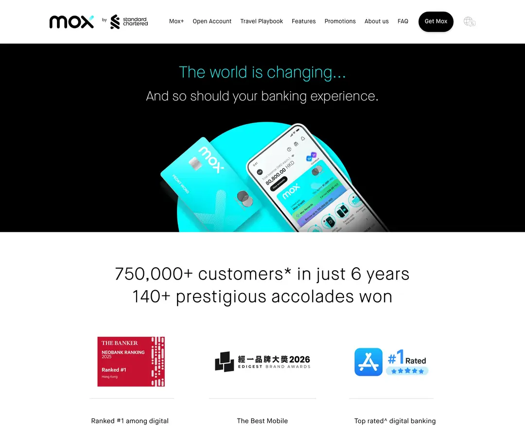 Mox by Standard Chartered — 금융/부동산 소개 웹사이트 디자인 레퍼런스