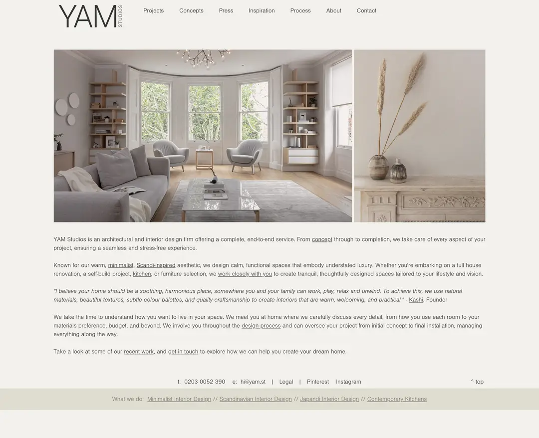 YAM Studios — 인테리어/가구 포트폴리오 웹사이트 디자인 레퍼런스