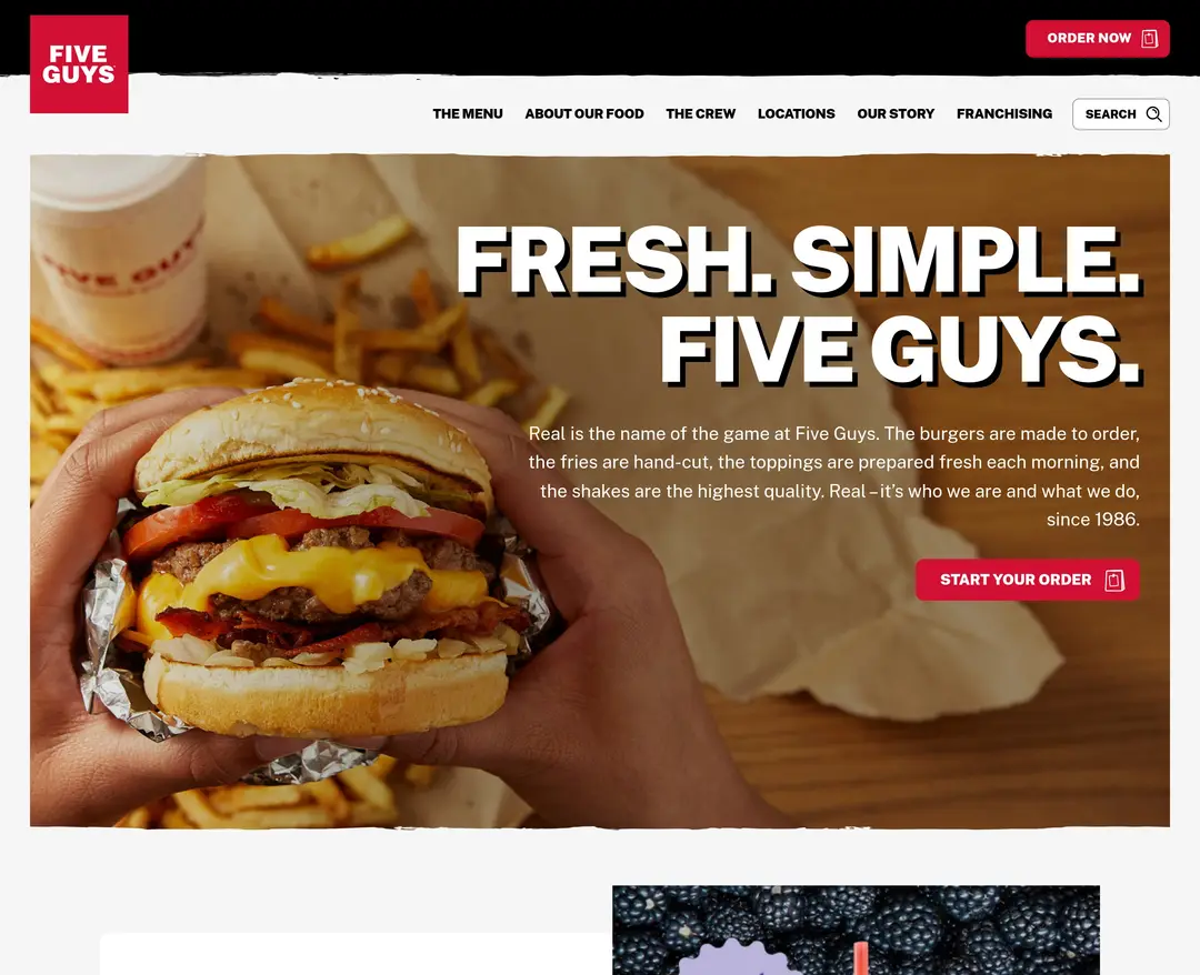 Five Guys — 카페/음식 소개 웹사이트 디자인 레퍼런스