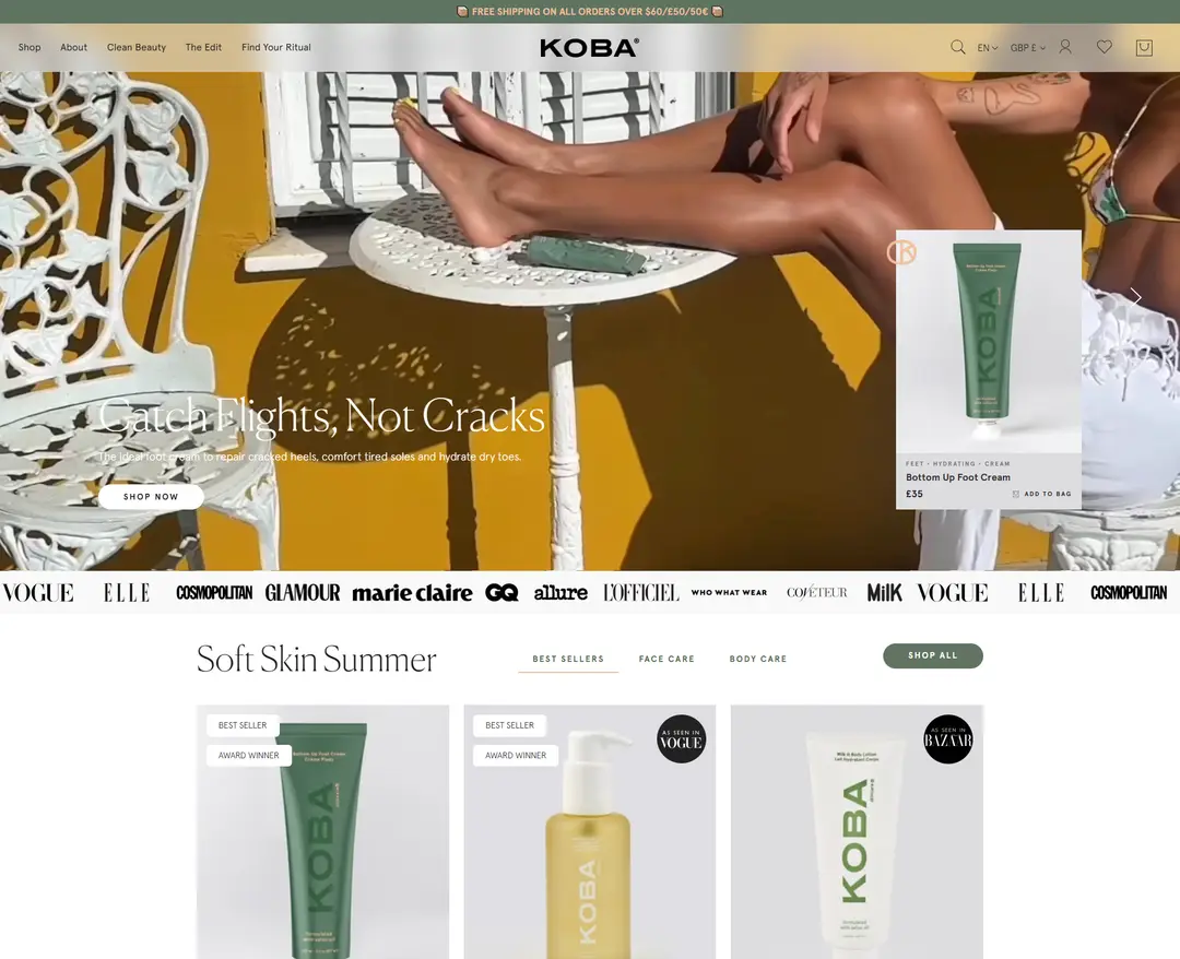 KOBA skincare — 화장품 쇼핑몰 웹사이트 디자인 레퍼런스