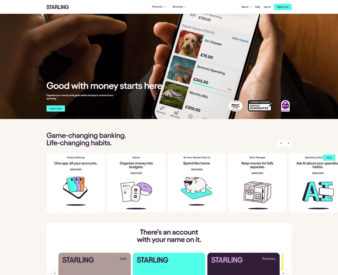 Starling Bank — 금융/부동산 소개 웹사이트 디자인 레퍼런스