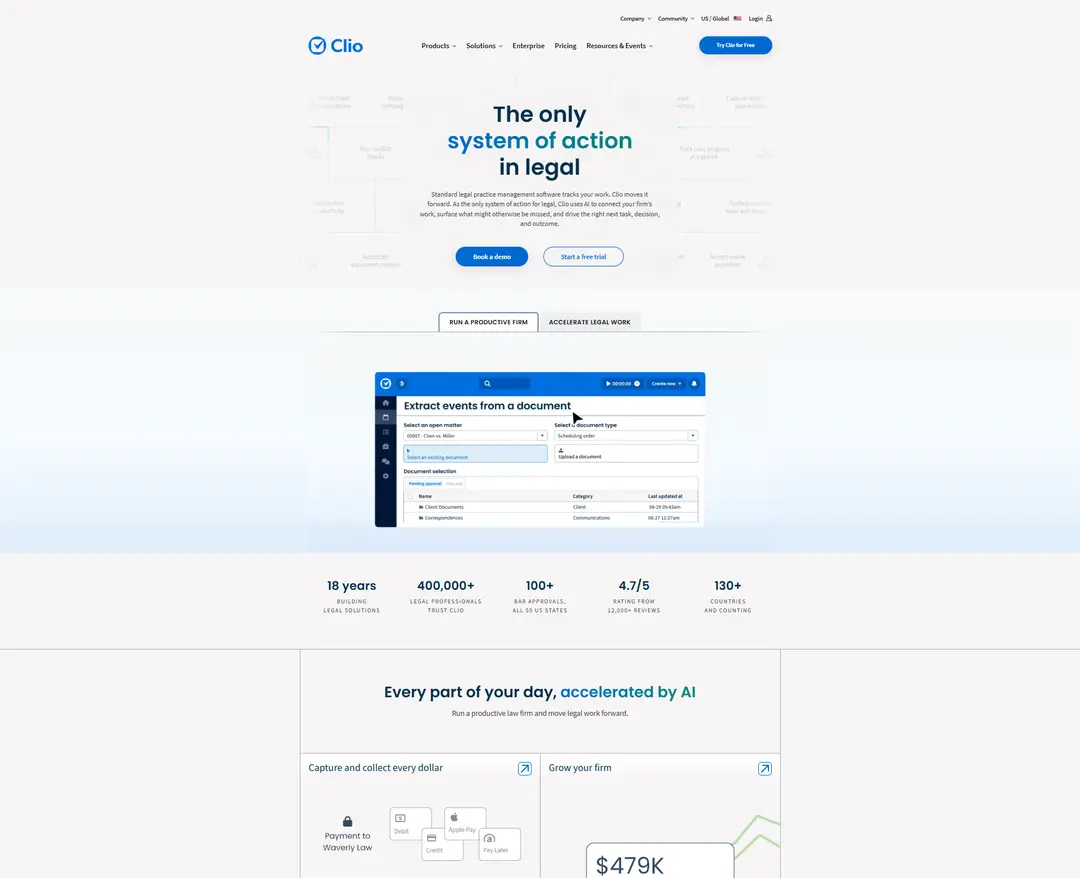 Clio — 법률/세무 플랫폼 웹사이트 디자인 레퍼런스