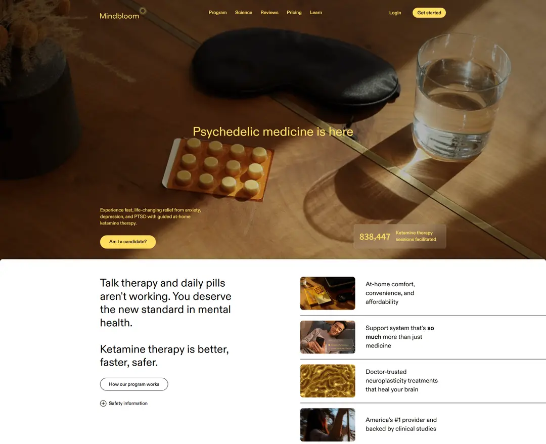 Mindbloom: ketamine therapy for anxiety and depression — 병원/의료 플랫폼 웹사이트 디자인 레퍼런스