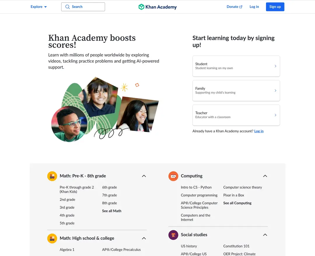 Khan Academy — 교육 플랫폼 웹사이트 디자인 레퍼런스