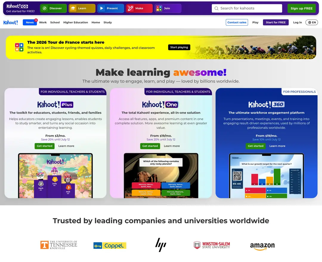 Kahoot! — 교육 플랫폼 웹사이트 디자인 레퍼런스
