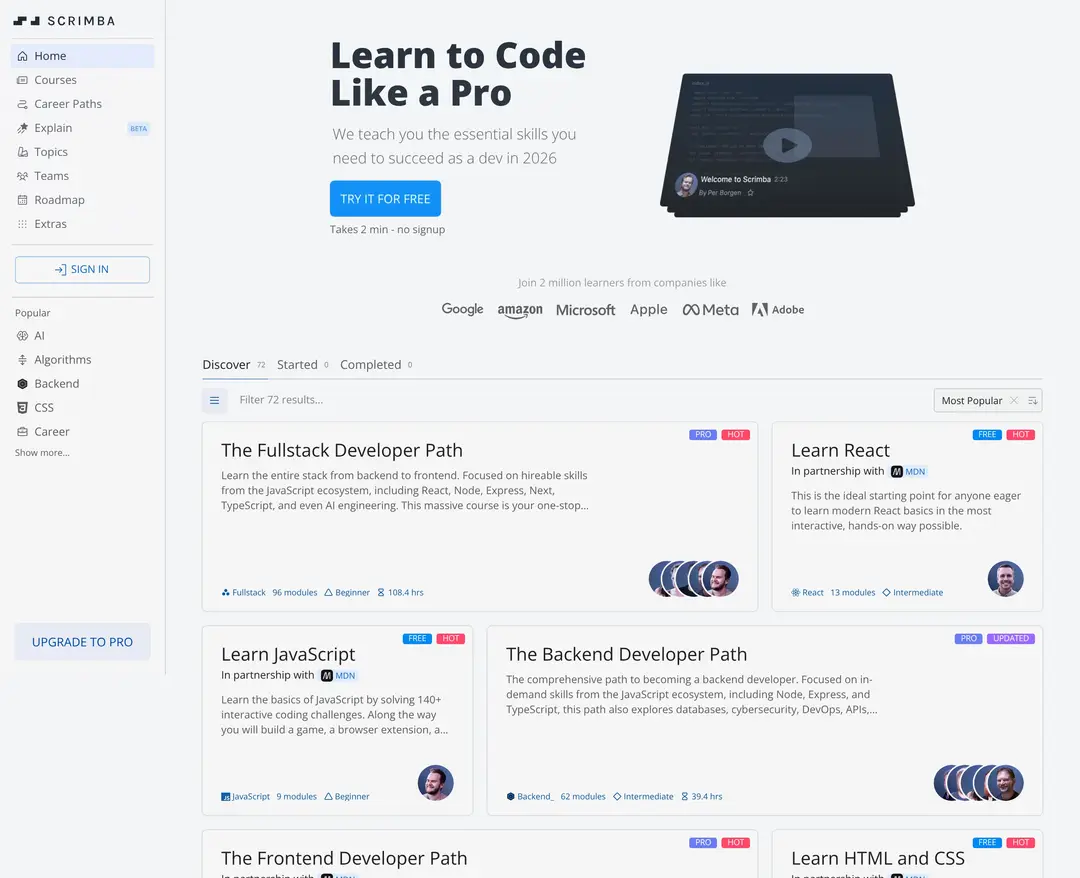 Scrimba — 교육 플랫폼 웹사이트 디자인 레퍼런스