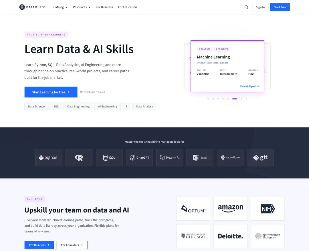 Dataquest — 교육 플랫폼 웹사이트 디자인 레퍼런스