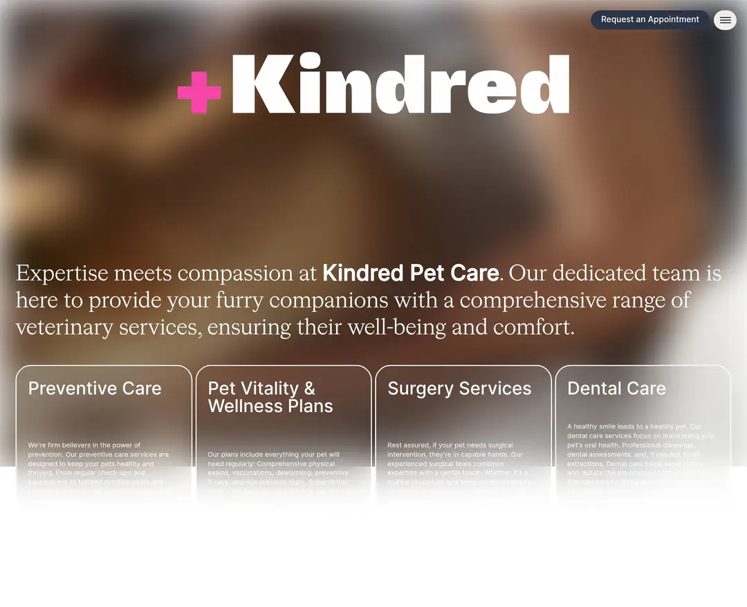 Kindred Pet Care — 반려동물 소개 웹사이트 디자인 레퍼런스