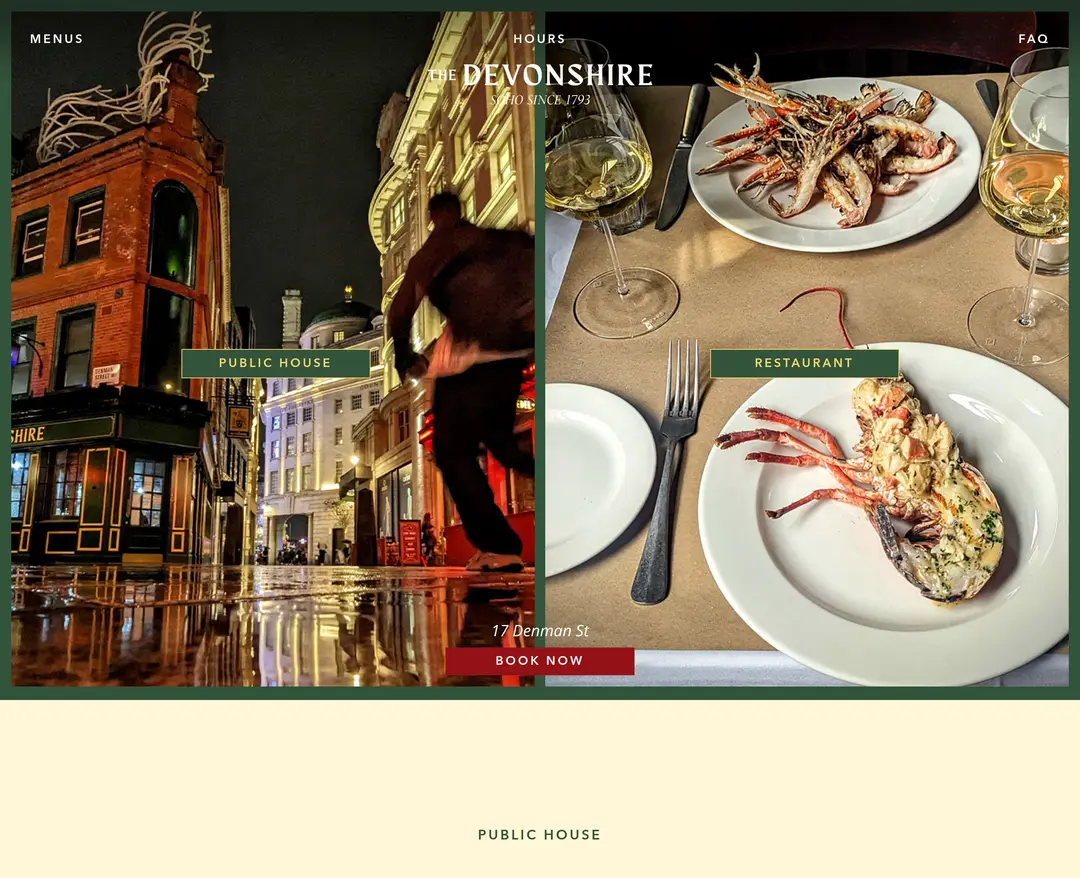 The Devonshire — 카페/음식 랜딩페이지 웹사이트 디자인 레퍼런스