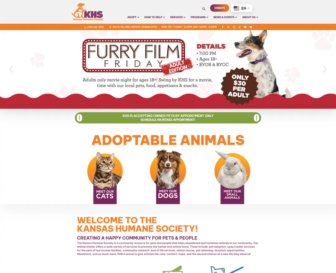 Kansas Humane Society — 반려동물 소개 웹사이트 디자인 레퍼런스