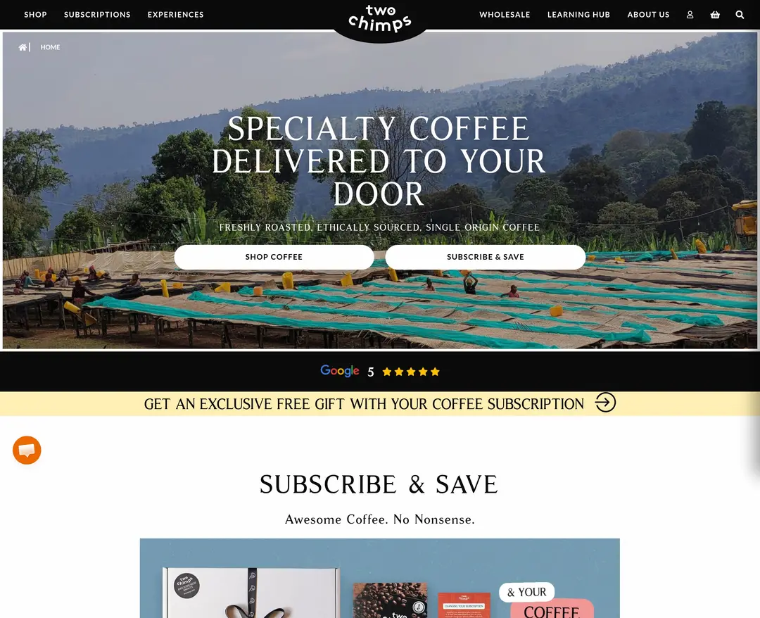 Two Chimps Coffee — 카페/음식 쇼핑몰 웹사이트 디자인 레퍼런스