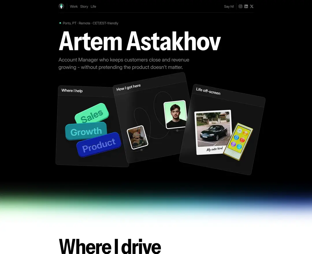 Artem Astakhov — IT/스타트업 포트폴리오 웹사이트 디자인 레퍼런스