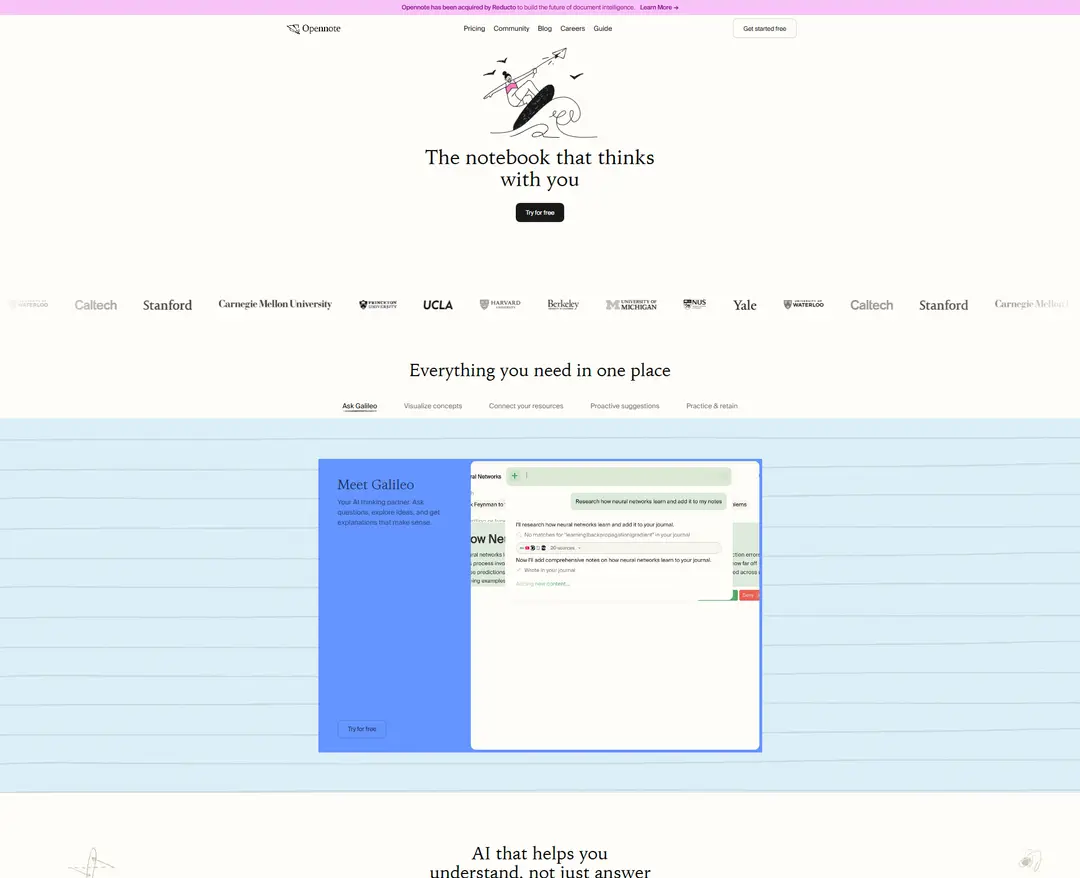 Opennote — 교육 플랫폼 웹사이트 디자인 레퍼런스